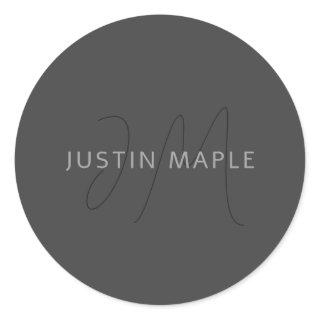 Cool Looking Name & Monogram | Dark Grey Classic Round Sticker