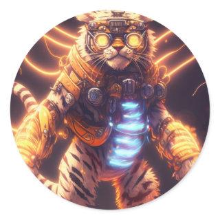 Cool Mecha Tiger with Cyborg Steampunk Style Classic Round Sticker