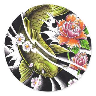 Cool oriental japanese ink lucky koi fish tattoo classic round sticker