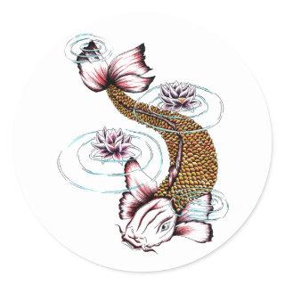 Cool Oriental Japanese Koi Carp Fish Pink Lotus Classic Round Sticker