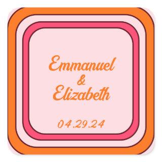 Cool Retro 70s Pink & Orange Wedding Square Sticker