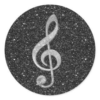 Cool silver glitter shining effects treble clef classic round sticker