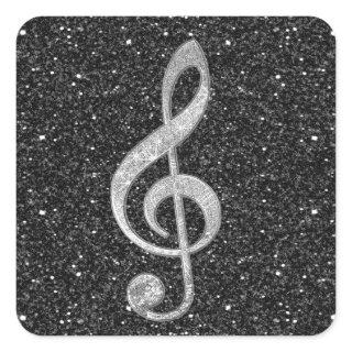 Cool silver glitter shining effects treble clef square sticker