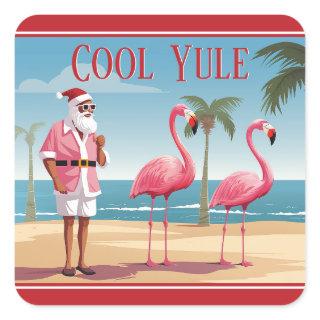 Cool Yule Santa and Flamingos Beach Christmas Square Sticker