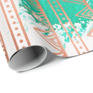 Copper Rose Gold Aqua Tribal Stripes White Paintin