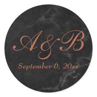 Copper Script Initials & Date w/ Faux Black Marble Classic Round Sticker