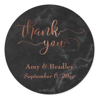 Copper Thank You Script Over Black Marble Classic Round Sticker