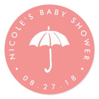 Coral and White Umbrella Baby Shower Classic Round Sticker