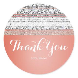 Coral Peach Dipped Chic Silver Bling Party Favor Classic Round Sticker