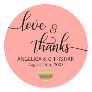 CORAL Peach Gold LOVE & THANKS Wedding Classic Round Sticker