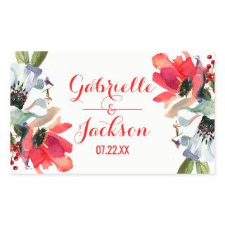 Coral Red Poppy Floral Wedding Monogram Rectangular Sticker