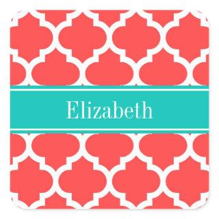 Coral Red Wht Moroccan #5 Teal Name Monogram Square Sticker