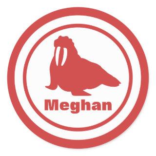 Coral Walrus with Name Classic Round Sticker