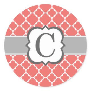 Coral White Monogram Letter C Quatrefoil Classic Round Sticker
