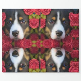 Corgi Puppy in red roses Tissue Paper