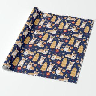 Corgis celebrate christmas- blue pattern