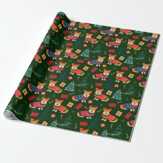 Corgis celebrate christmas- green pattern