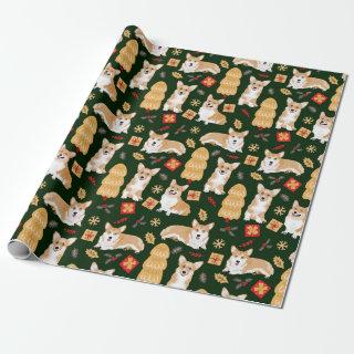 Corgis celebrate christmas- green pattern