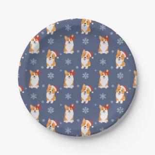 Corgis in Santa Hats and Snowflakes Pattern Paper Plates