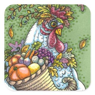 CORNUCOPIA HEN, THANKSGIVING CHICKEN FALL HARVEST SQUARE STICKER