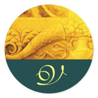 CORNUCOPIA  MONOGRAM , bright gold yellow green Classic Round Sticker