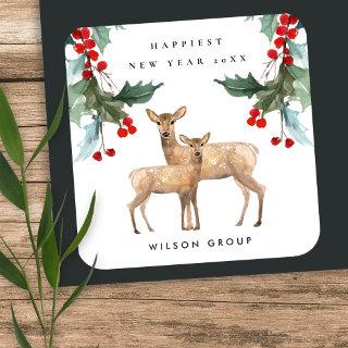 CORPORATE RED GREEN HOLLY BERRY DEER DUO NEW YEAR SQUARE STICKER