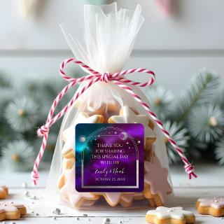 Cosmic Purple Teal Silver Sun Moon Wedding Square Sticker