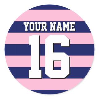 Cot Candy Pink Navy Blue Team Jersey Preppy Stripe Classic Round Sticker