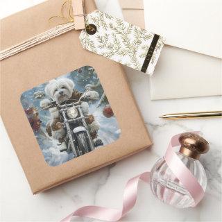 Coton De Tulear Dog Riding Motorcycle Christmas  Square Sticker