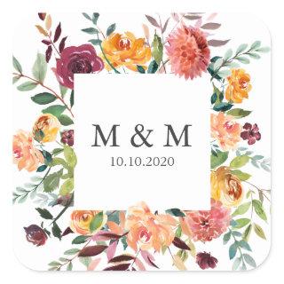 Country Bloom Frame Floral Chic Wedding  Monogram Square Sticker
