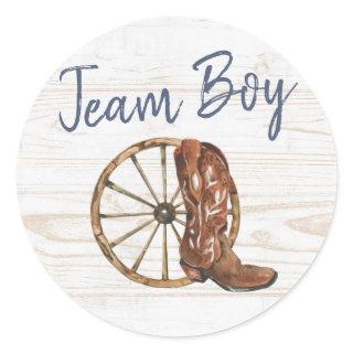 Country Boots or Bows Gender Reveal Team Boy Classic Round Sticker