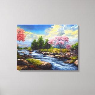 Country Rocky River Landscape Fruit Trees   Canvas Print