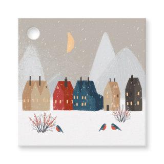 Country Village Winter Scene with Birds Favor Tags