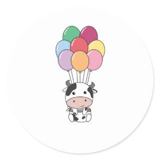 Cow Flies Up With Colorful Balloons Classic Round Sticker