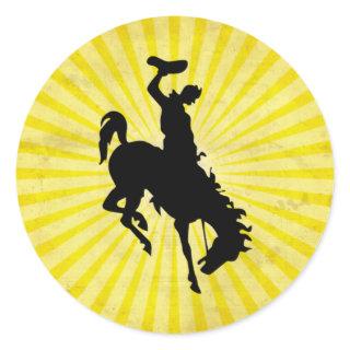 Cowboy on Bucking Bronc; yellow Classic Round Sticker