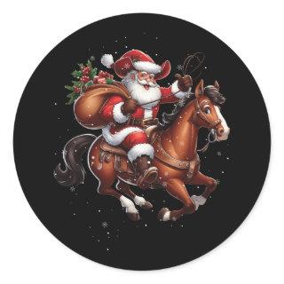 Cowboy Santa Riding A Horse Christmas Funny Wester Classic Round Sticker