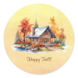 Cozy Cabin Autumn Landscape Happy Fall! Classic Round Sticker