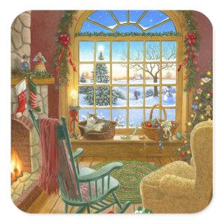 Cozy Christmas Living Room Square Sticker