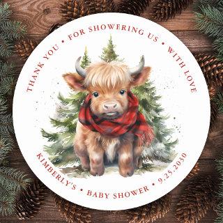 Cozy Highland Cow Farm Animals Winter Baby Shower Classic Round Sticker