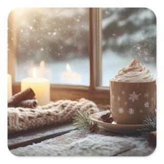 Cozy Hot Chocolate with Cream and Candles Winter  Square Sticker