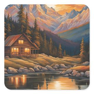 Cozy Mountain Cabin at Sunset Square Sticker