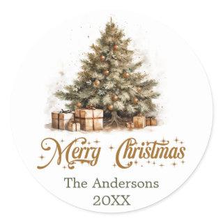 Cozy nature-inspired watercolor Christmas tree Classic Round Sticker