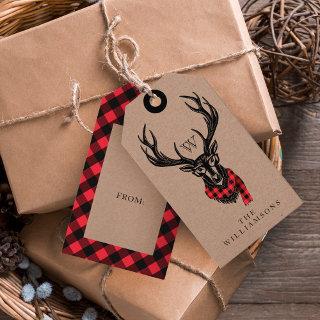 Cozy & Warm | Red Buffalo Plaid Reindeer Monogram Gift Tags