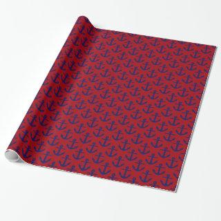 Cranberry Red, Navy Blue Anchors Pattern