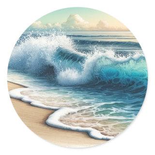Crashing Ocean Waves Rustic Coastal Beach Wedding Classic Round Sticker