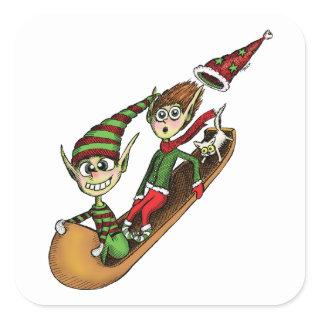 Crazy Elf Sled Ride Square Sticker