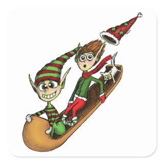 Crazy Elf Sled Ride Square Sticker