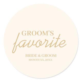 Cream and Gold Groom's Favorite Snack Wedding Classic Round Sticker