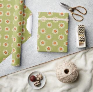 Cream and Orange Daisies on Avocado Green Pattern