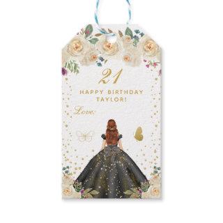 Cream Floral Brown Hair Girl Happy Birthday Gift Tags